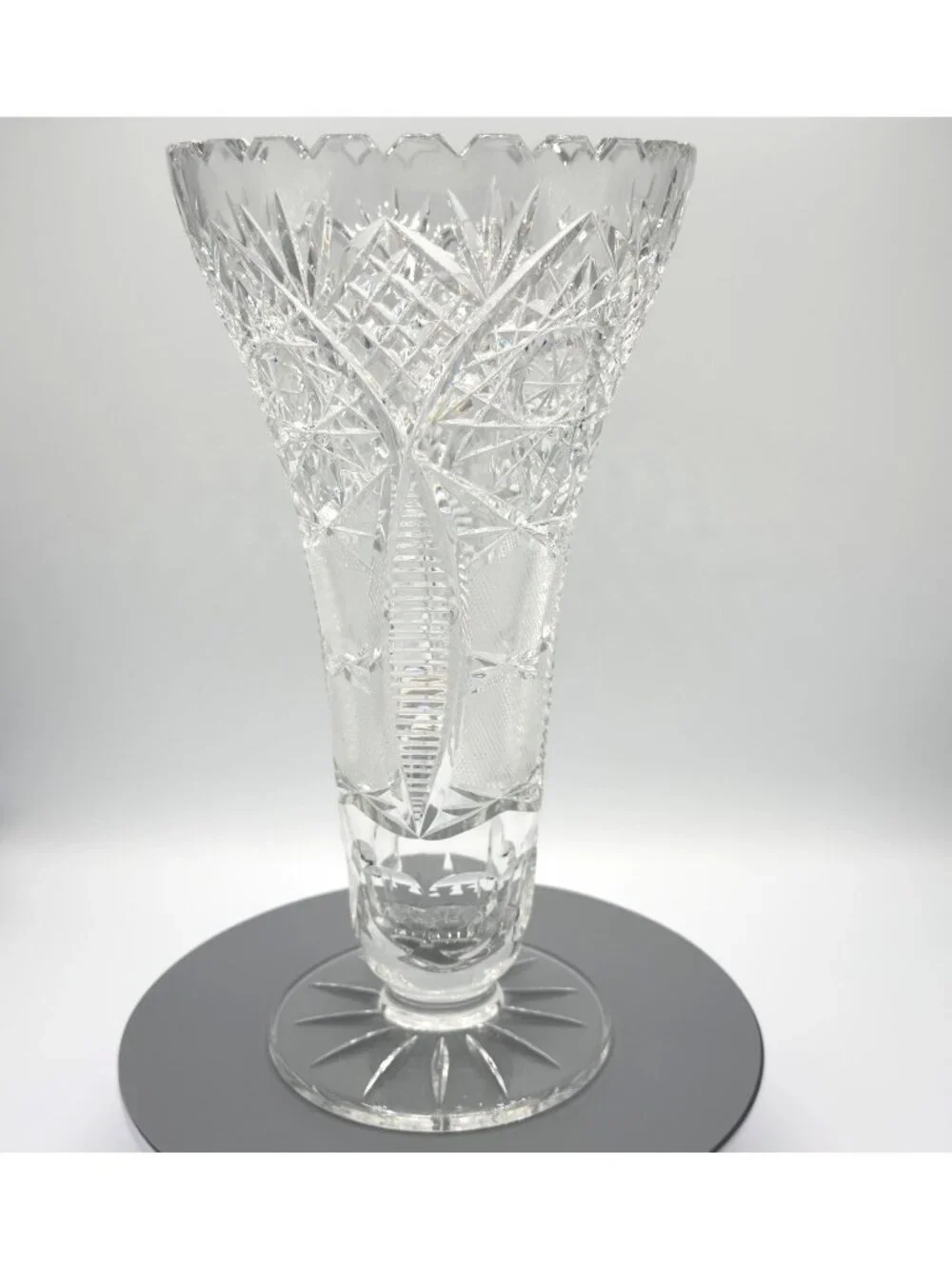 Vintage American Brilliant Cut Glass Trumpet Vase Hobstar 10
